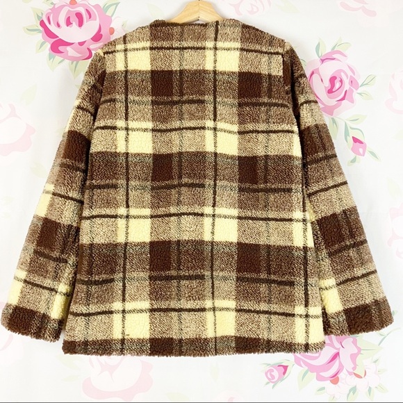 NEW Sanctuary Brown Plaid Snap Sherpa Teddy Coat S - Picture 8 of 10